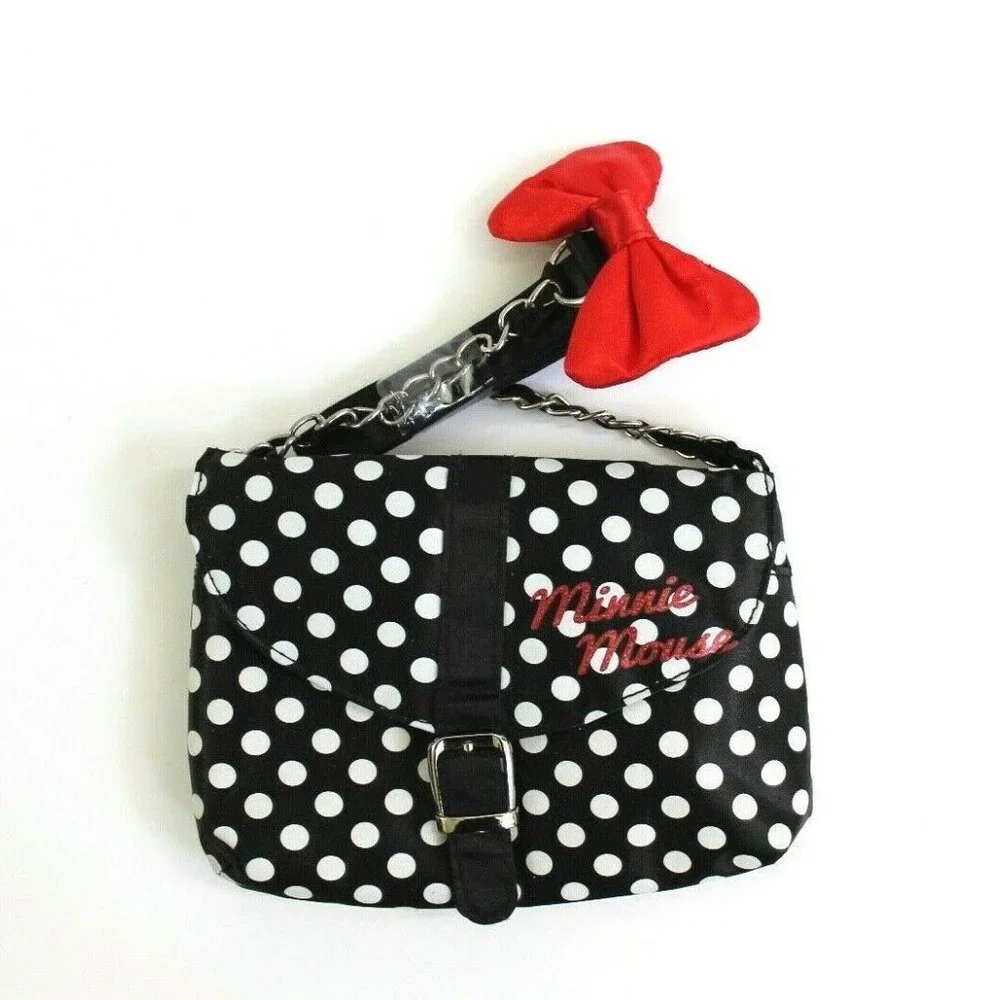 Disney Minnie Mouse Polkadot Bow Chain Fabric Strap Mini Bag Purse Black
